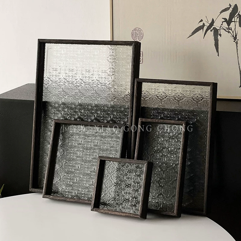Khay thủy tinh hoa mẫu đơn kiểu Trung Hoa, đĩa gỗ hình chữ nhật cổ điển, khay đựng trái cây gia dụng, khay trà, khay đựng đồ