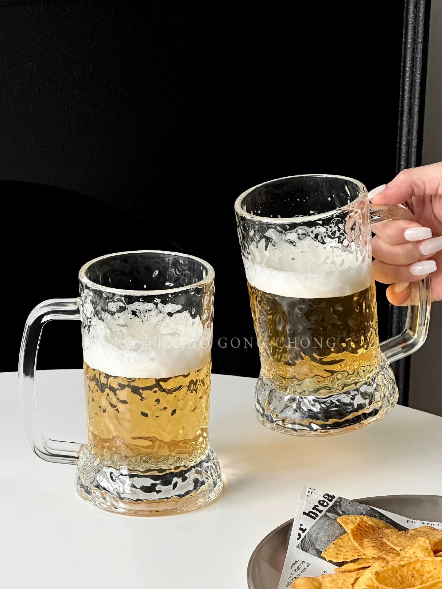 Cốc bia thủy tinh dung tích lớn có tay cầm, cốc bia thủ công sáng tạo, cốc nước gia dụng, cốc nước trái cây, cốc nước giải khát, cốc trà trái cây