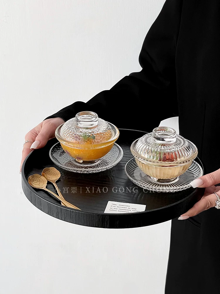 Cốc tổ chim có nắp, bát thủy tinh, bộ bát đĩa tráng miệng tinh tế kiểu Trung Hoa, bát súp nước đường nấm trắng chịu nhiệt gia dụng