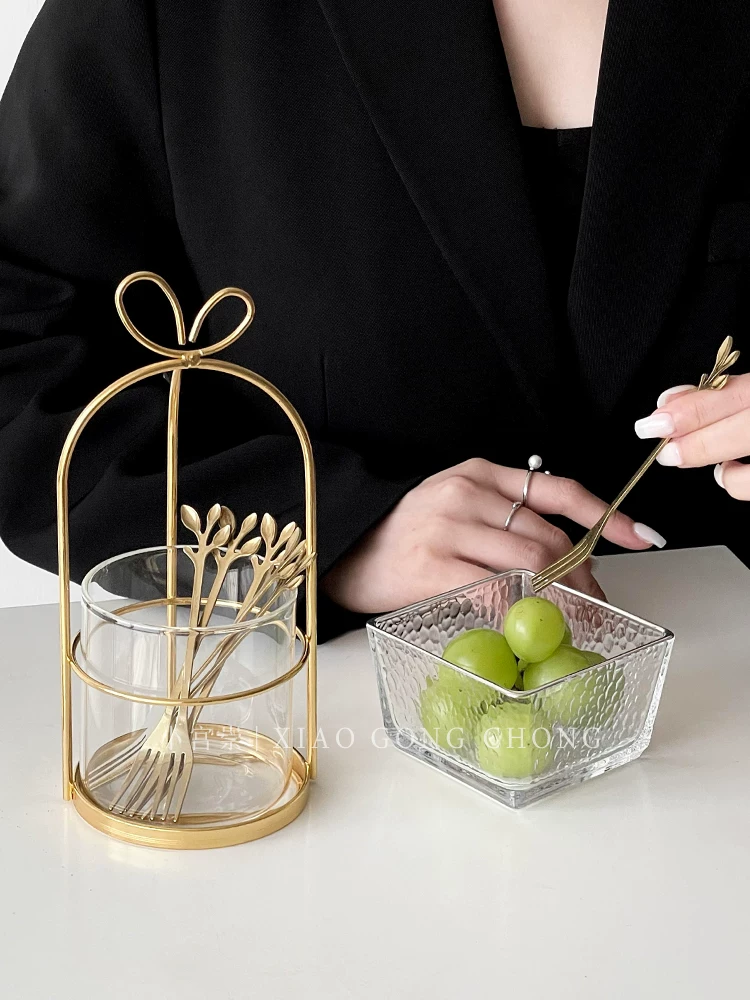 Bộ hộp đựng nĩa trái cây bằng thép không gỉ kiểu châu Âu, nĩa bánh ngọt cao cấp phong cách ins, nĩa dưa hấu