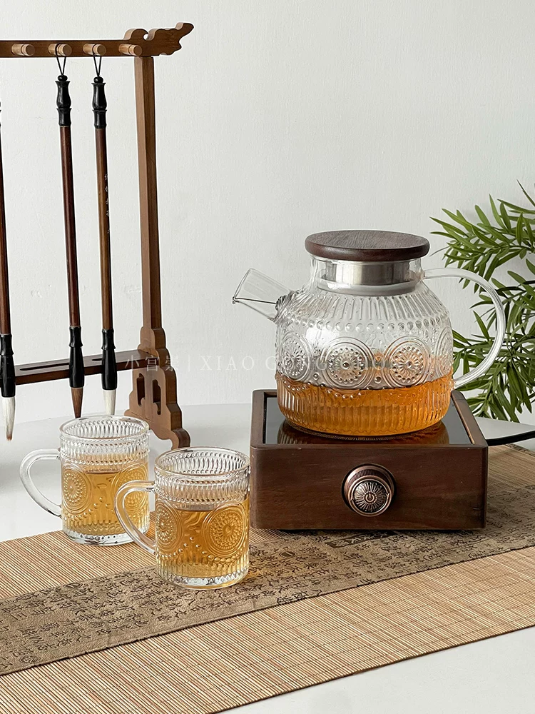 Bộ ấm trà và bộ trà Trung Quốc có vẻ ngoài thẩm mỹ cao, cốc nước thủy tinh hình hoa hướng dương, bình nước lạnh chịu nhiệt cao gia dụng, bình giữ nhiệt.