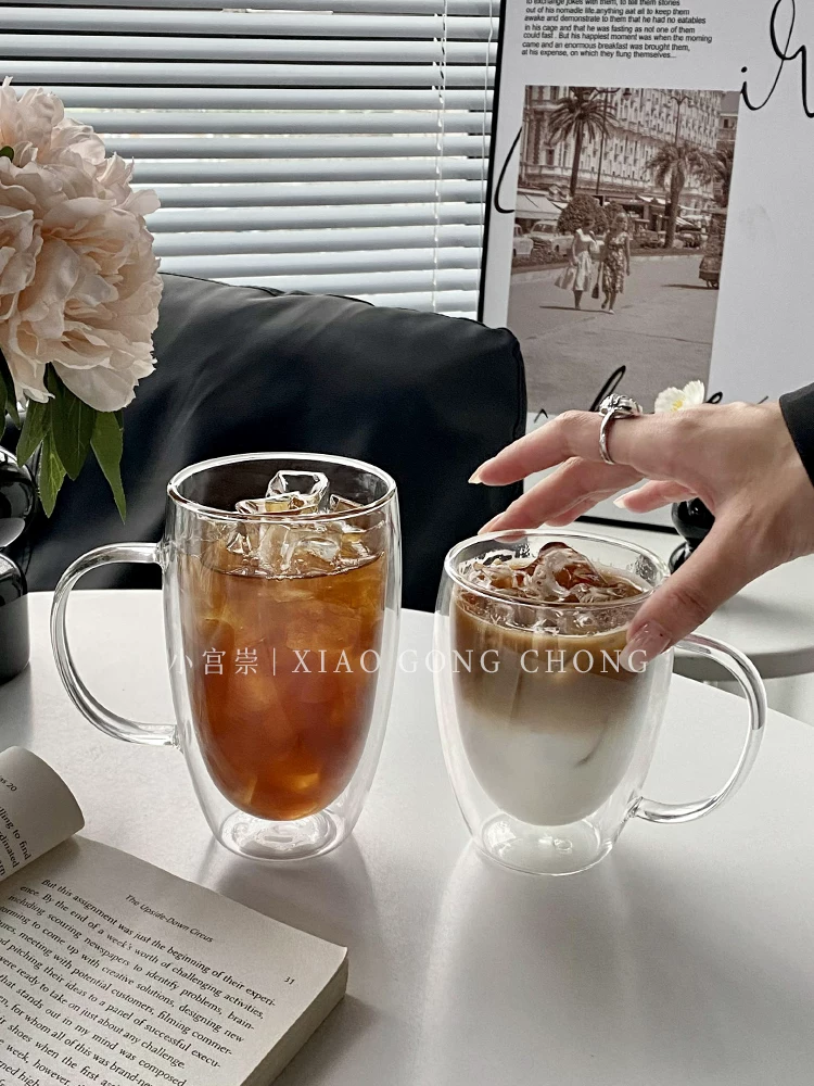 Cốc thủy tinh hai lớp cách nhiệt trong suốt kiểu dáng đơn giản có tay cầm, cốc cà phê gia dụng chống bỏng, cốc latte, cốc uống nước