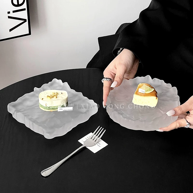Đĩa thủy tinh mờ kiểu băng giá, khay đựng món ăn lạnh cao cấp, đĩa sushi, đế trưng bày bánh ngọt sáng tạo cho tiệc chiêu đãi