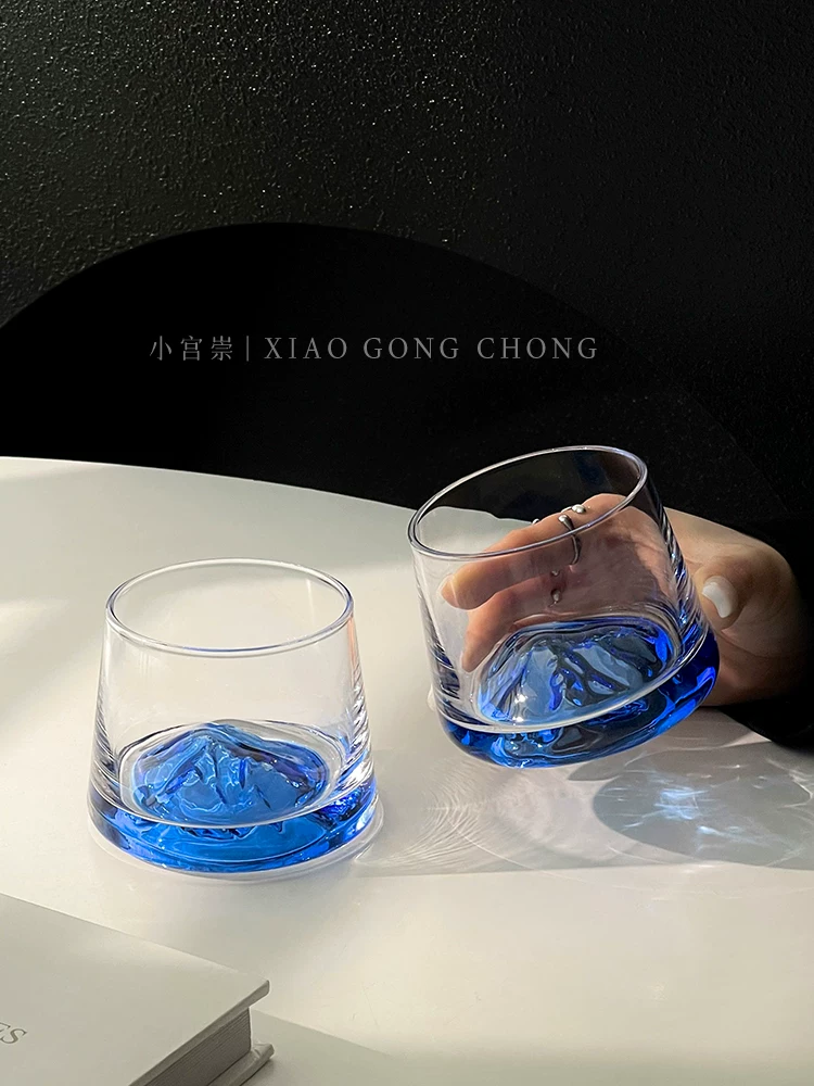 Ly núi Phú Sĩ màu xanh đậm phong cách Ins, ly thủy tinh cổ điển cao cấp nhìn ra núi, ly rượu whisky, ly rượu ngoại.