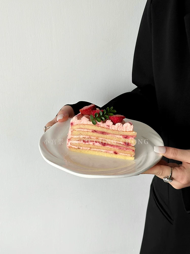 Đĩa bánh gốm sứ trắng tinh khiết phong cách Ins, đĩa tráng miệng cao cấp, đĩa trái cây ăn nhẹ gia đình, đĩa nông dùng cho trà chiều, bộ đồ ăn