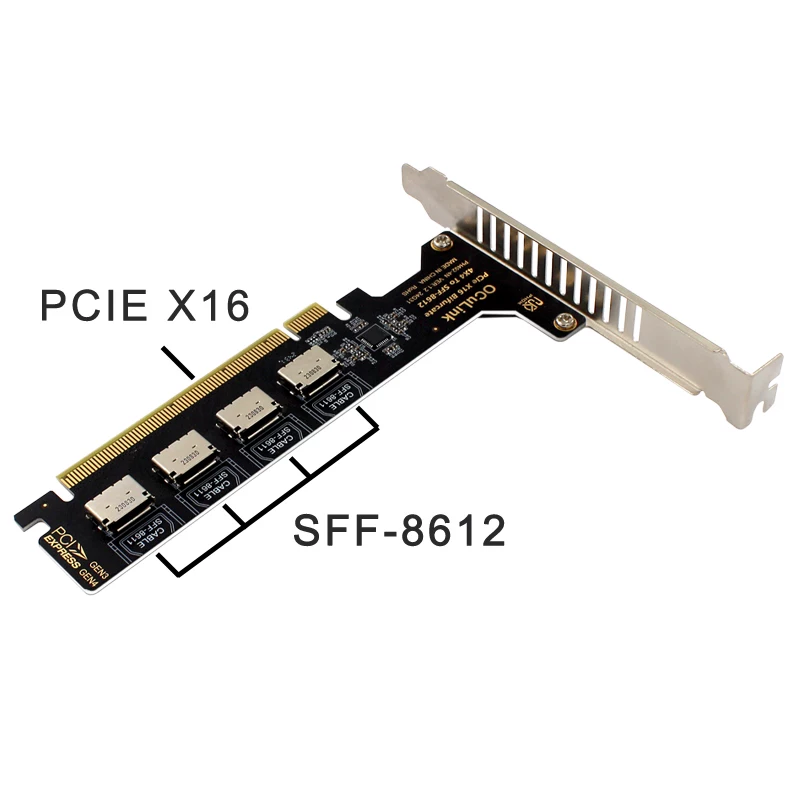 Thẻ mở rộng PCI-Ex16 chia 4 cổng SFF8611/8612 Oculink dành cho SSD U.2 ngoài và card đồ họa ngoài