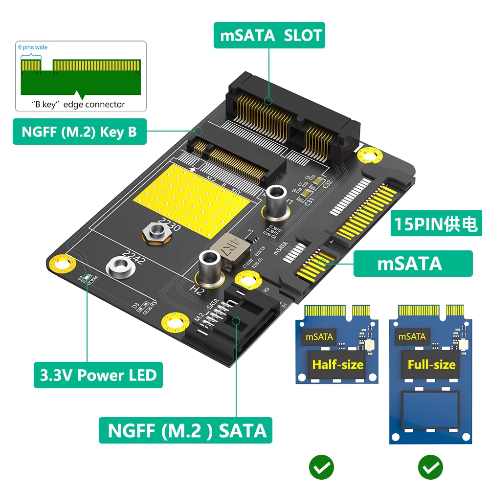 Thẻ chuyển đổi ổ cứng thể rắn M.2 NGFF MSATA kép MSATA sang kép SATA3.0 thẻ mở rộng chiều cao đầy đủ chiều cao nửa chiều cao