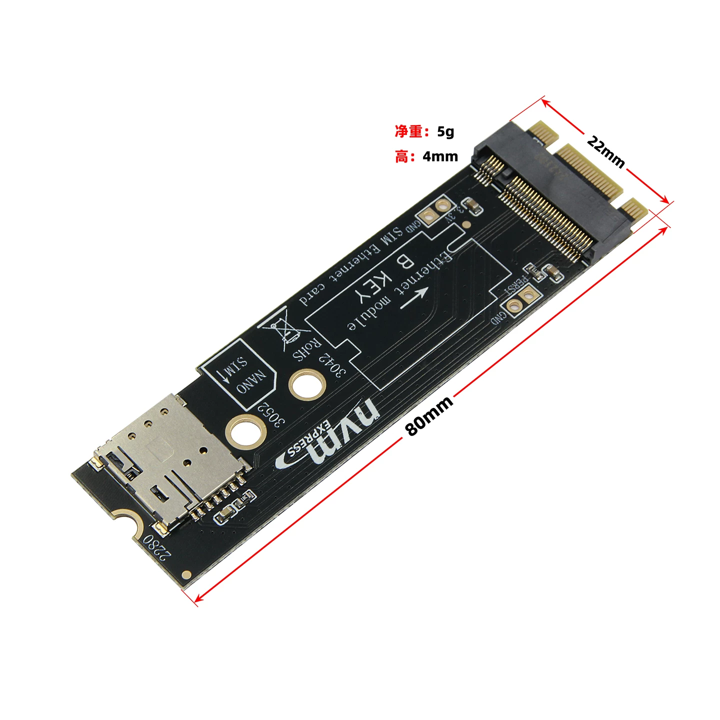 Mô-đun card mạng M.2 B-Key 4G 5G sang thẻ chuyển đổi M.2 M-Key NVME hoặc B-Key Khe cắm thẻ SIM