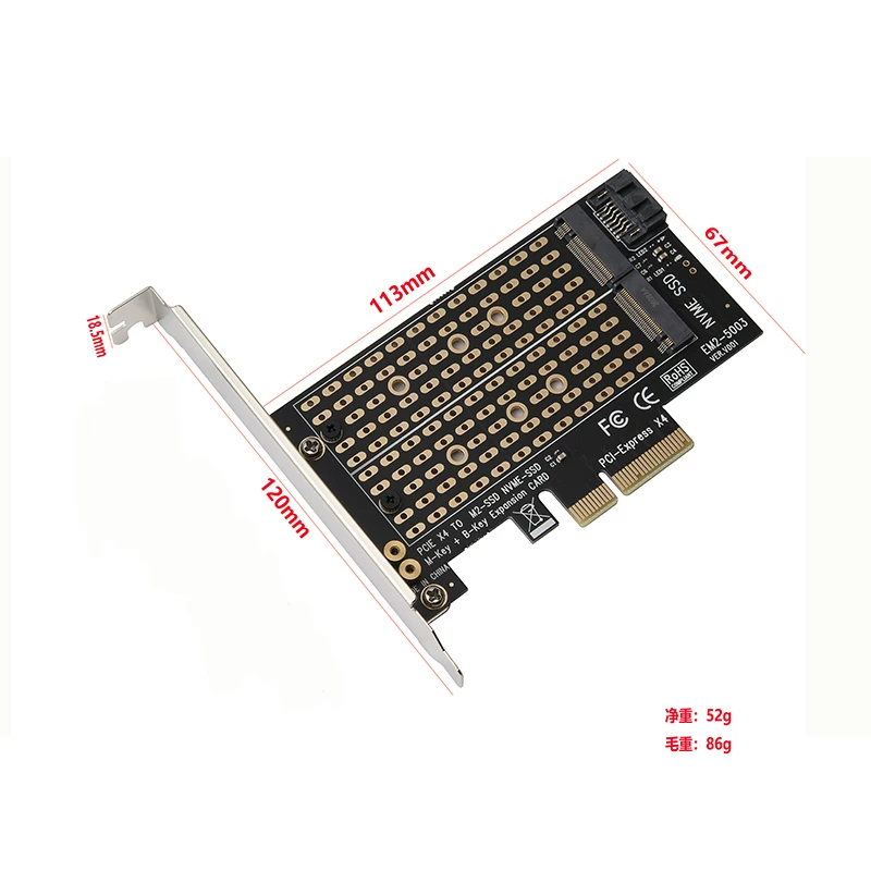 Miễn phí vận chuyển NVME M.2 NVMe SSD M.2 sang PCIEX4 adapter card M Key plus B Key giao diện kép thẻ