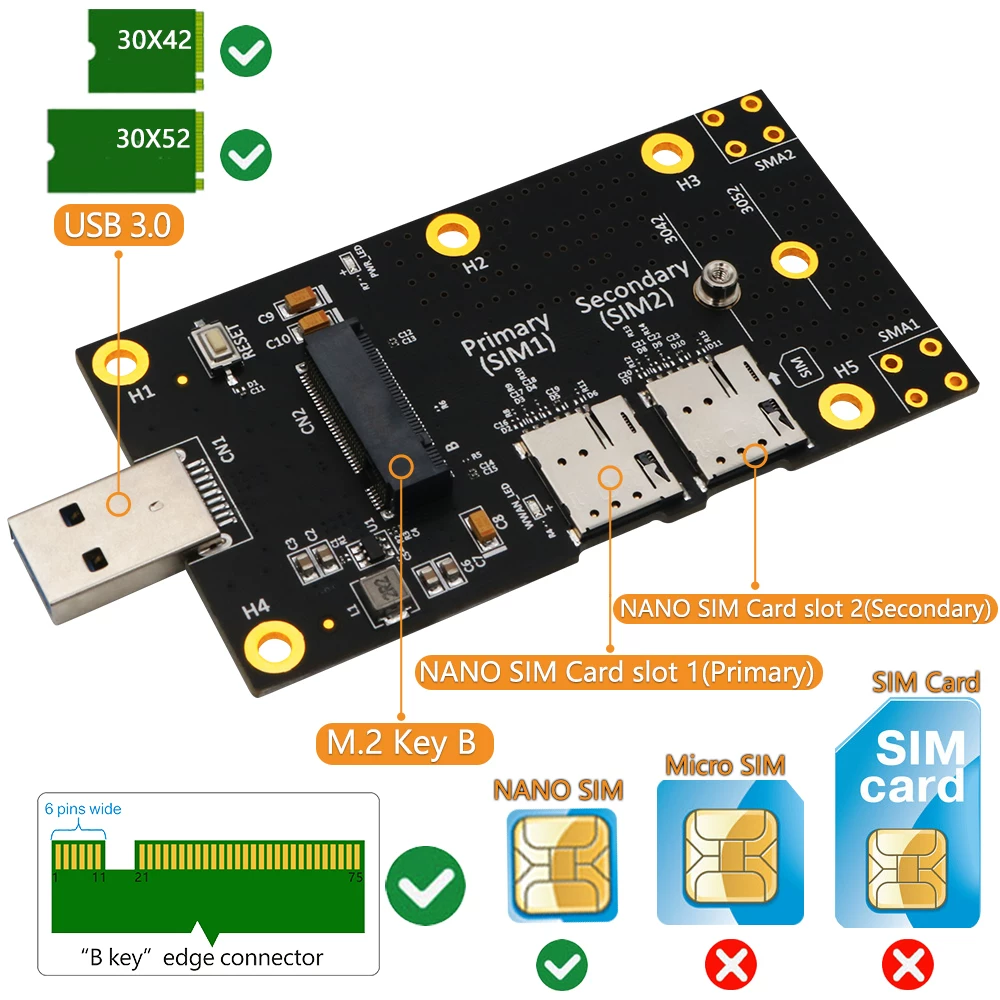 M.2 Key B sang USB 3.0 bảng chuyển đổi kép khe cắm thẻ SIM NANO 3G4G5G LTE bảng phát triển mô-đun