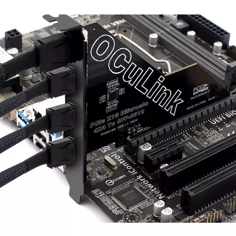 PCI-E X16 được chia thành thẻ mở rộng Oculink 4 cổng SFF8611/8612 dành cho SSD U.2 ngoài và card đồ họa ngoài