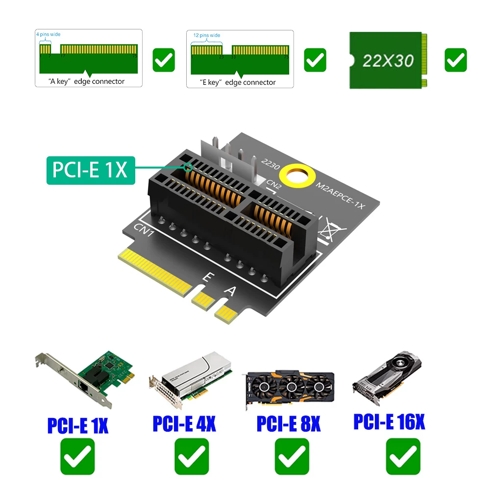 M2 NGFF sang khe cắm PCIEx1 WiFi /A+E-KEY Bộ nguồn nhỏ 4 chân tương thích với các thiết bị x1x4x8x16