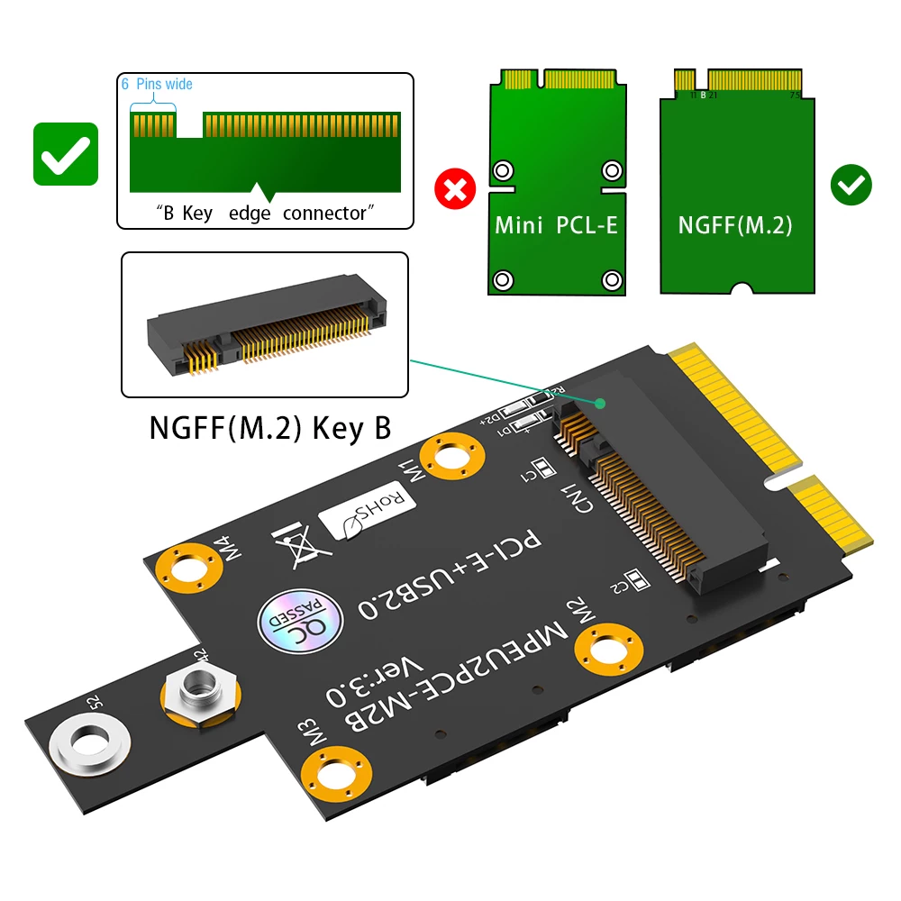 Thẻ chuyển đổi M.2 Key B sang Mini PCI-E với hỗ trợ thẻ SIM NANO kép cho các mô-đun 3G/4G/5G