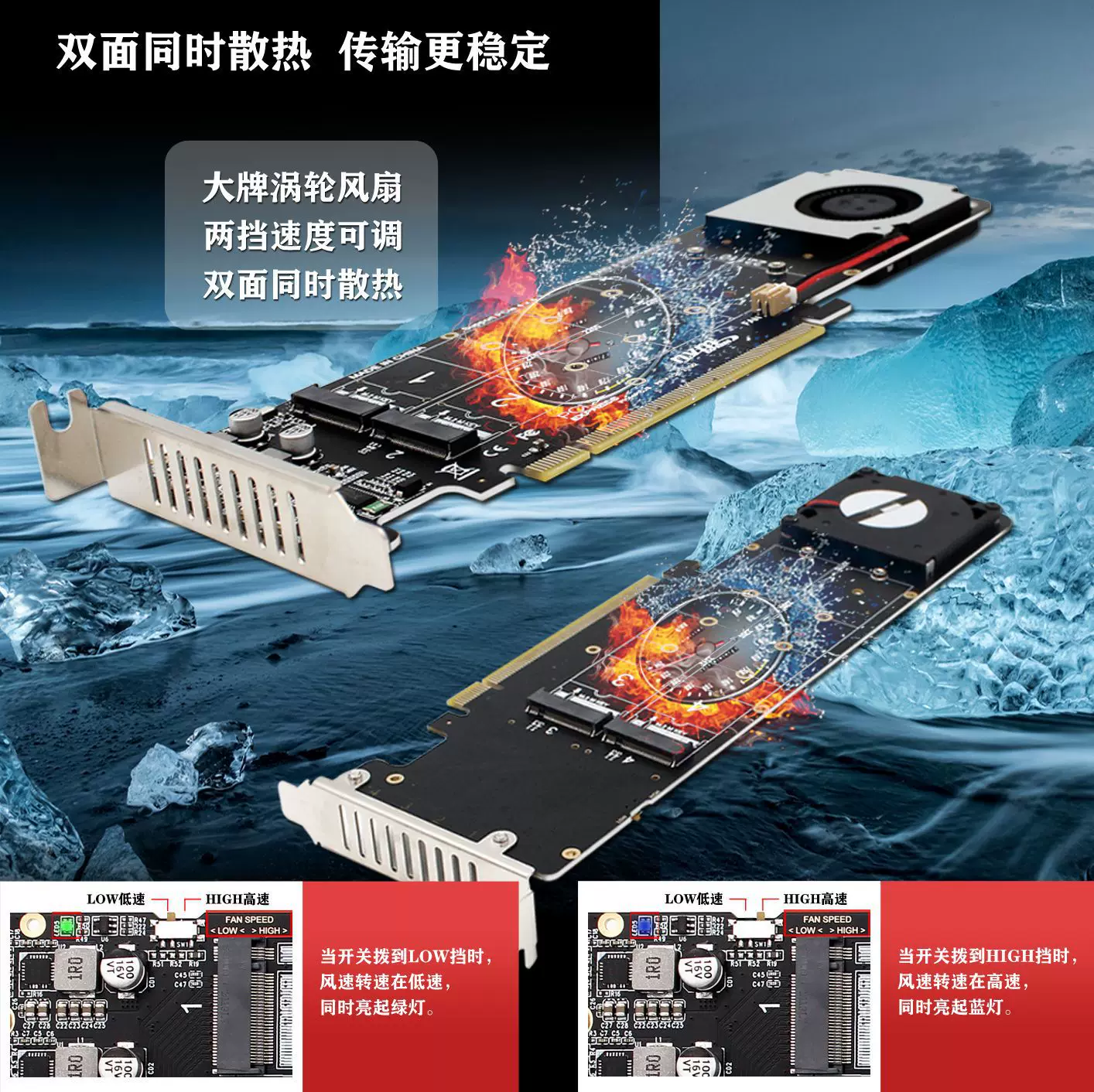 PCIEX16 sang NGFF M.2 MKEY NVMEx4 Bộ chuyển đổi mở rộng mảng RAID thẻ chia tín hiệu máy chủ 2U