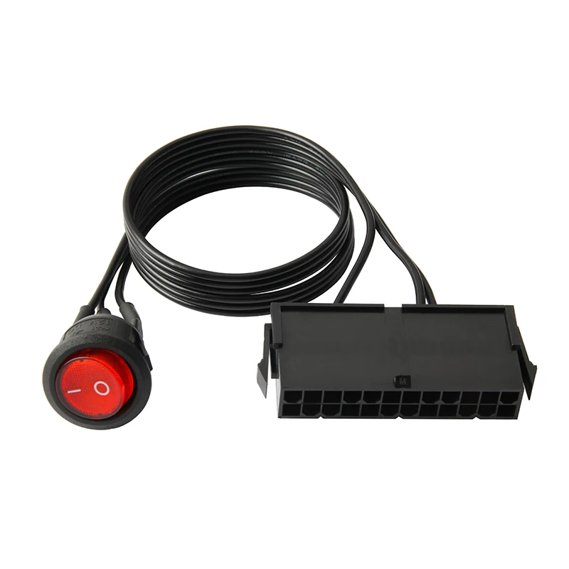 Cáp khởi động nguồn bo mạch chủ 24PIN có công tắc và đèn đỏ tự khóa, cáp khởi động 50CM, công tắc khởi động kiểu thuyền