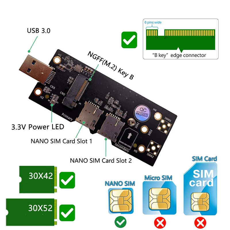 Thẻ chuyển đổi NGFF key B sang USB 3.0 với giá đỡ thẻ SIM kép NANO Thẻ thử nghiệm mô-đun 3G/4G/5G