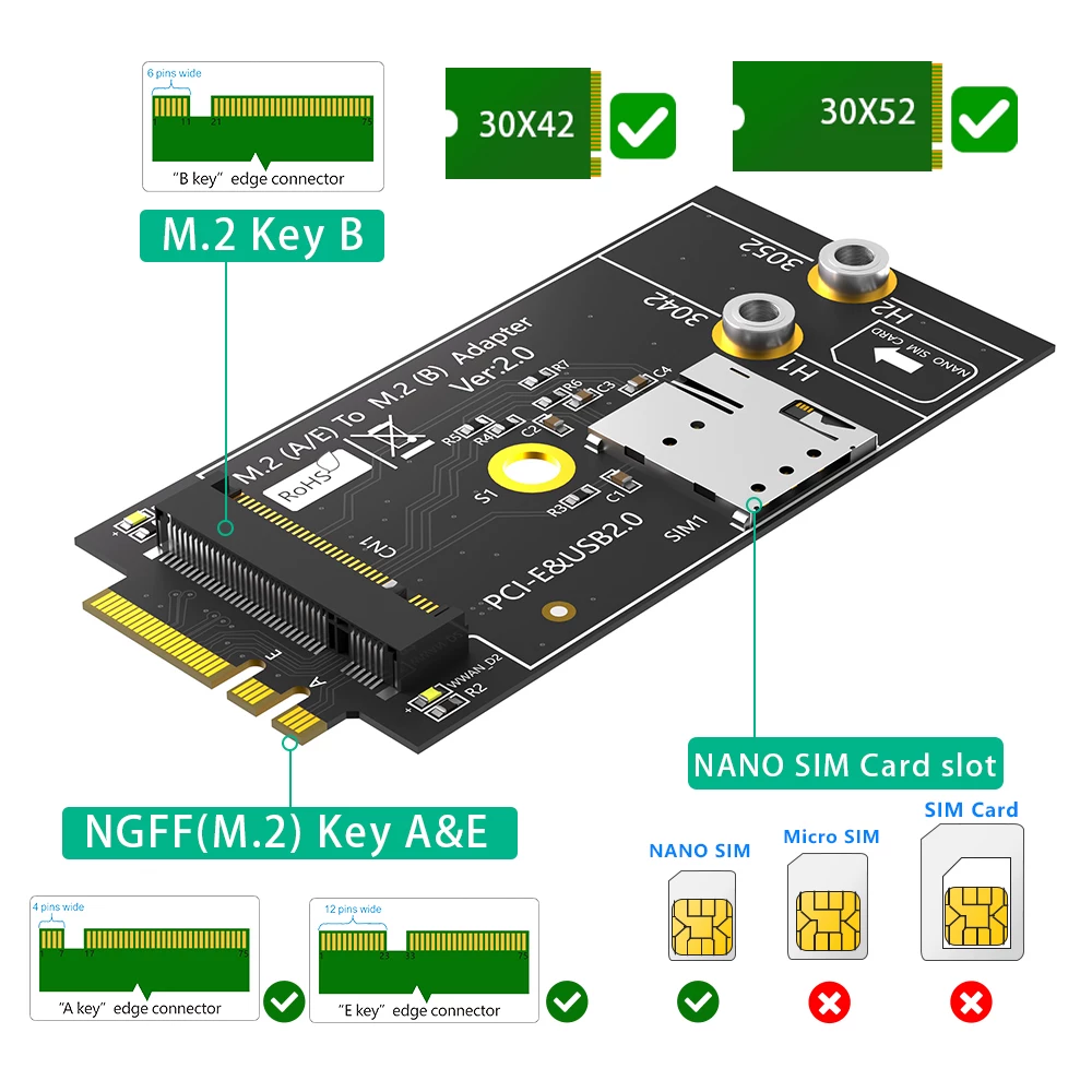 M.2 Key A/E sang NGFF KEY-B 3G4G 5G mô-đun card mạng bảng chuyển đổi NANO có khe cắm thẻ SIM