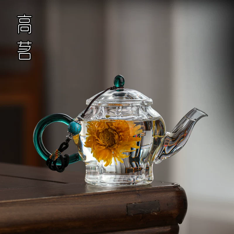 Ấm trà thủy tinh mini gia dụng, tinh tế để pha trà, được thiết kế đặc biệt dành cho phụ nữ để pha trà hoa cúc, bộ trà kung fu trong suốt một ấm.