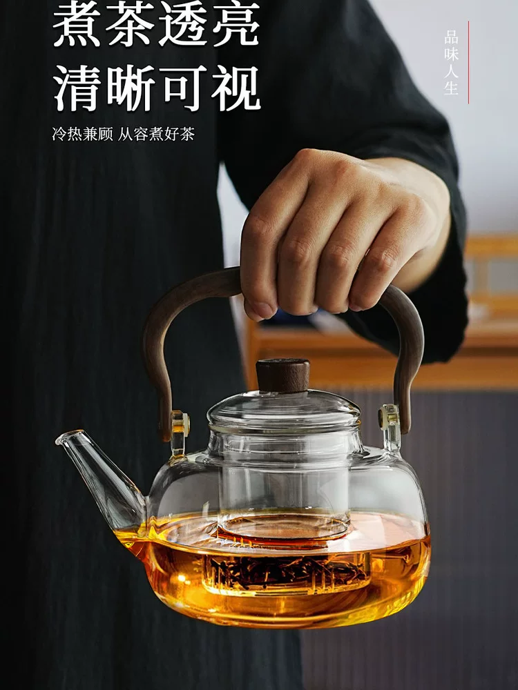 Ấm trà thủy tinh dày chống cháy nổ, ấm trà đặc biệt có tay cầm cho bếp điện gốm, ấm có giá trị thẩm mỹ cao, bộ ấm trà một nồi.
