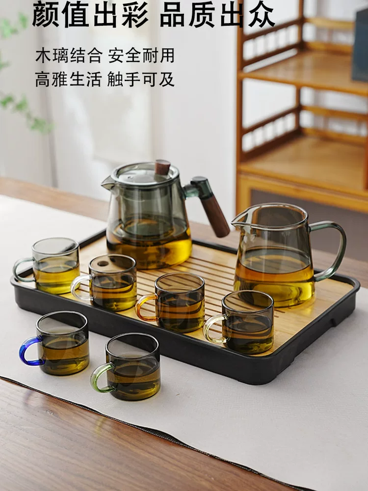 Bộ ấm chén pha trà cao cấp bằng thủy tinh dày, mẫu mới 2025, kèm khay trà, dùng trong nhà, ấm siêu cấp
