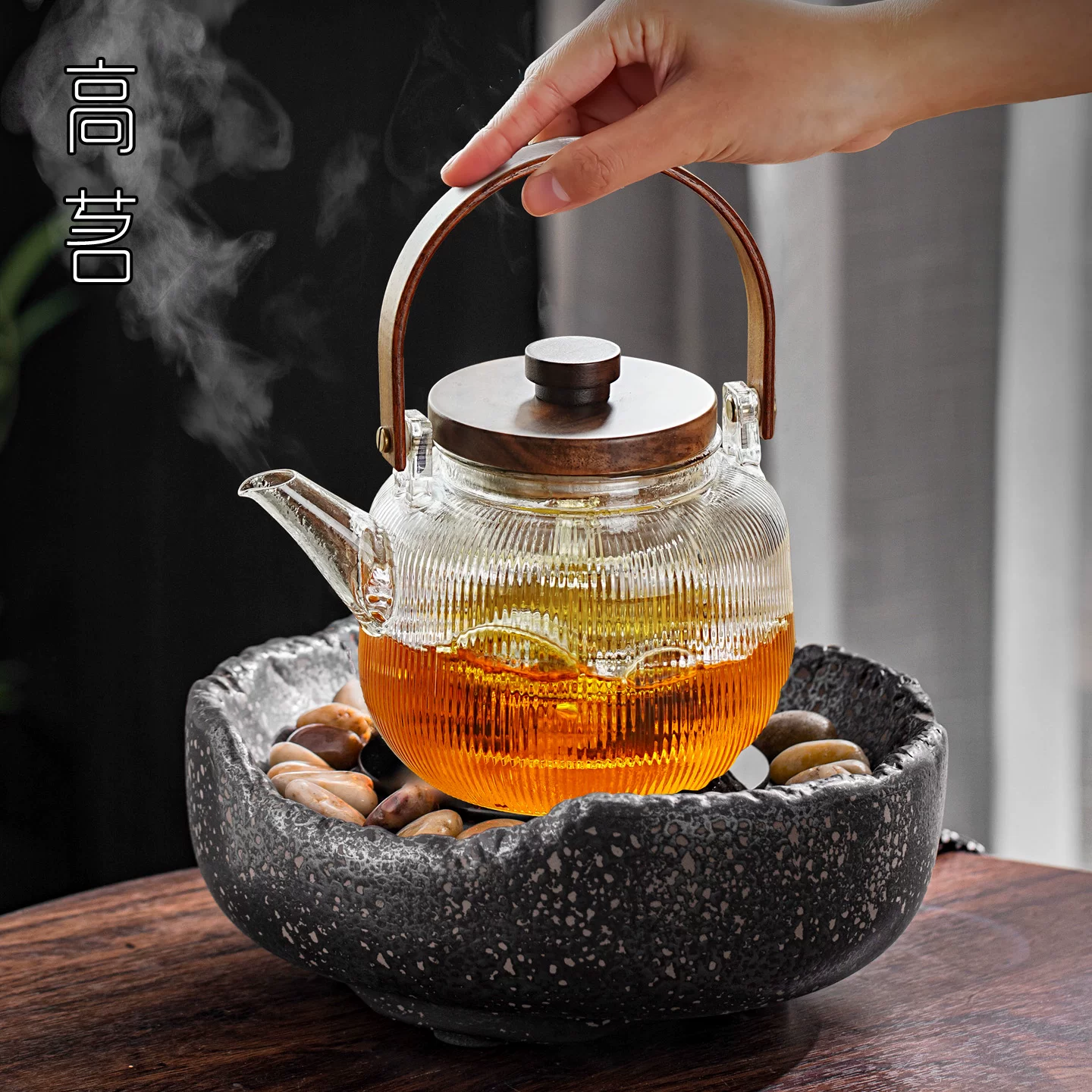 Bếp pha trà truyền thống mẫu mới 2025 dùng trong gia đình, kèm ấm đun nước, bếp điện gốm để pha trà xung quanh bếp, ấm trà thủy tinh đặc biệt chịu nhiệt cao.