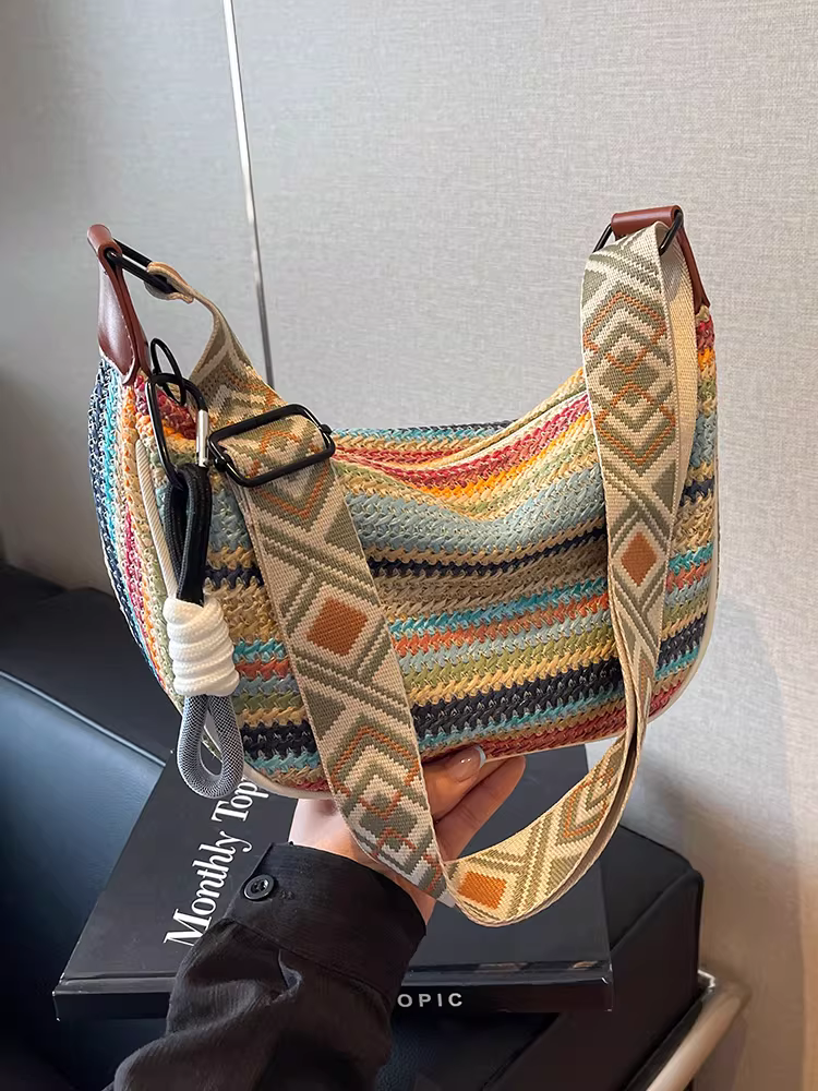 Túi đeo chéo hình bánh bao có dây đeo vai rộng, kiểu mới 2025, túi dệt phong cách boho độc đáo, túi cói phong cách dân tộc.