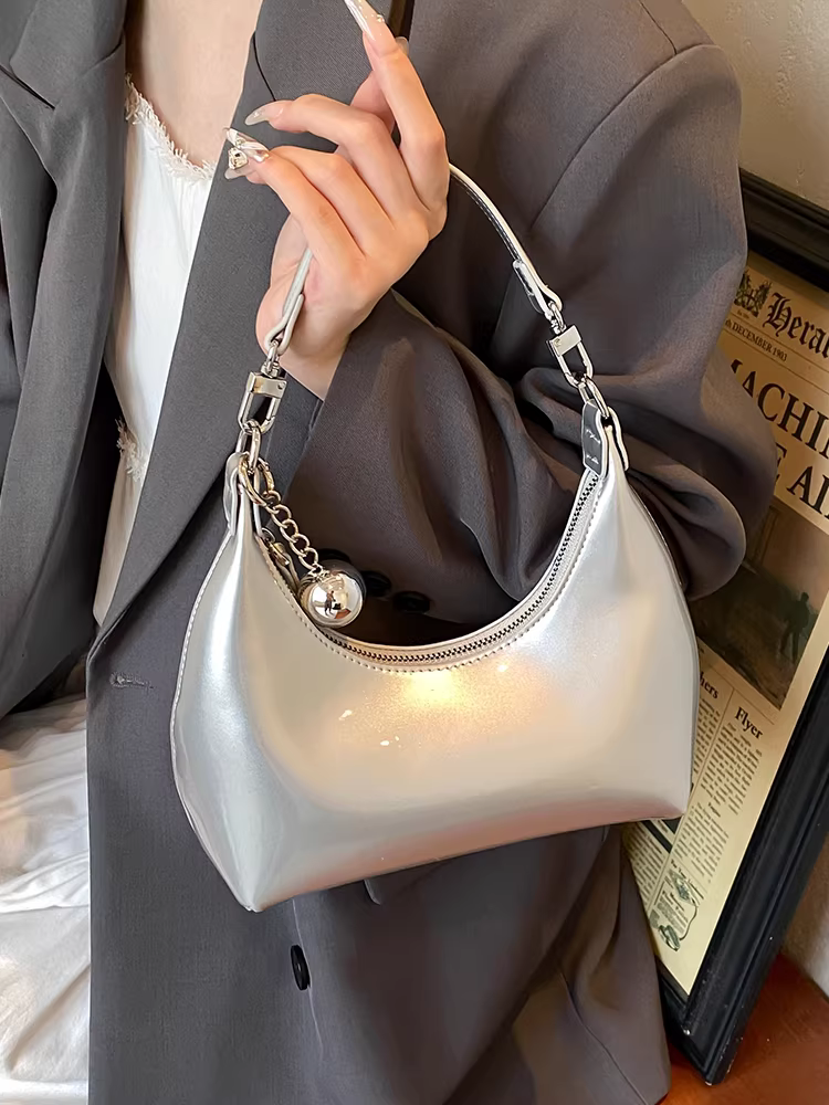 Túi đeo nách bạc dành cho nữ, thiết kế độc đáo thời thượng năm 2025, túi đeo chéo một bên vai, túi bánh bao cao cấp sang trọng.
