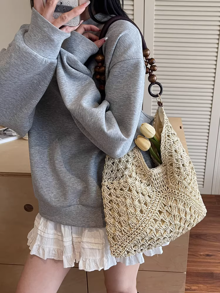 Túi cói đan tay cỡ lớn dành cho nữ, thiết kế độc đáo mùa hè 2025, túi đeo vai đi biển nghỉ dưỡng