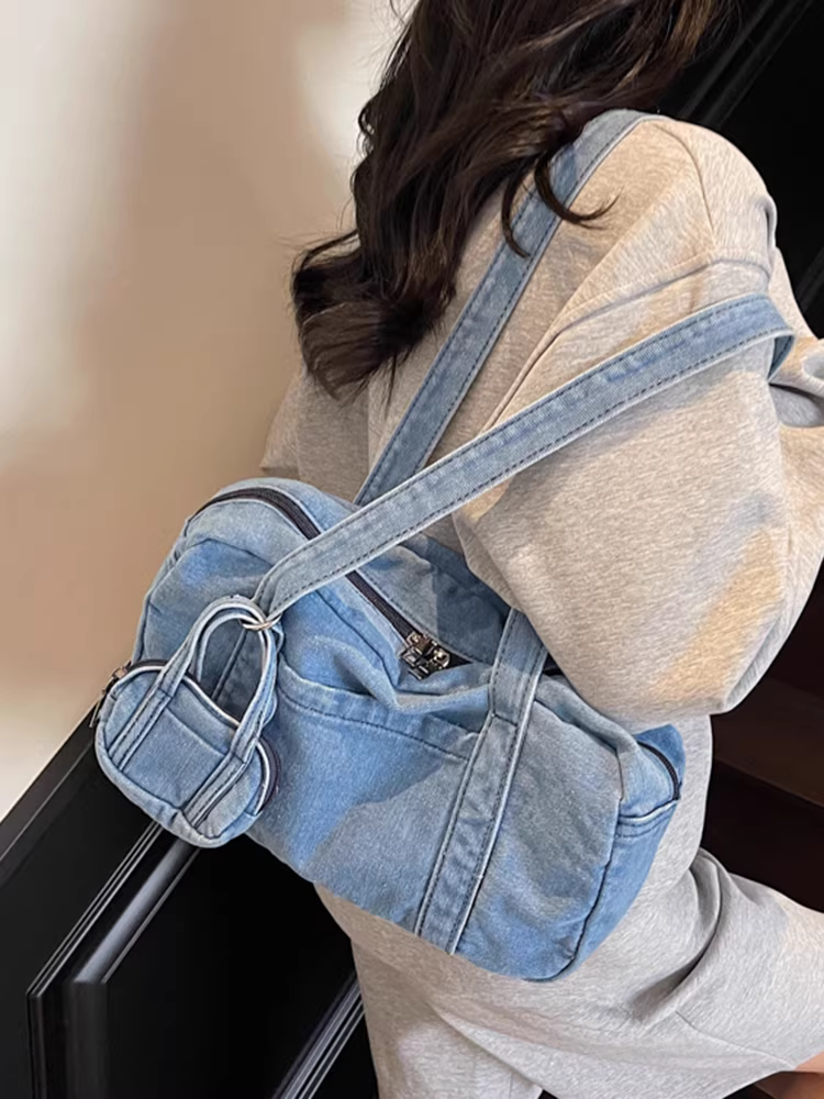 Túi denim nữ, dung tích lớn, kiểu dáng mới 2025, túi đeo vai thường ngày, túi đeo nách, túi vải mang lại cảm giác cao cấp, túi gối đi làm.