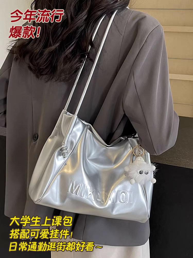 Túi xách nữ cỡ lớn kiểu mới hè 2025, túi đeo vai dành cho sinh viên, chất liệu bạc vân, túi tote đi làm nữ