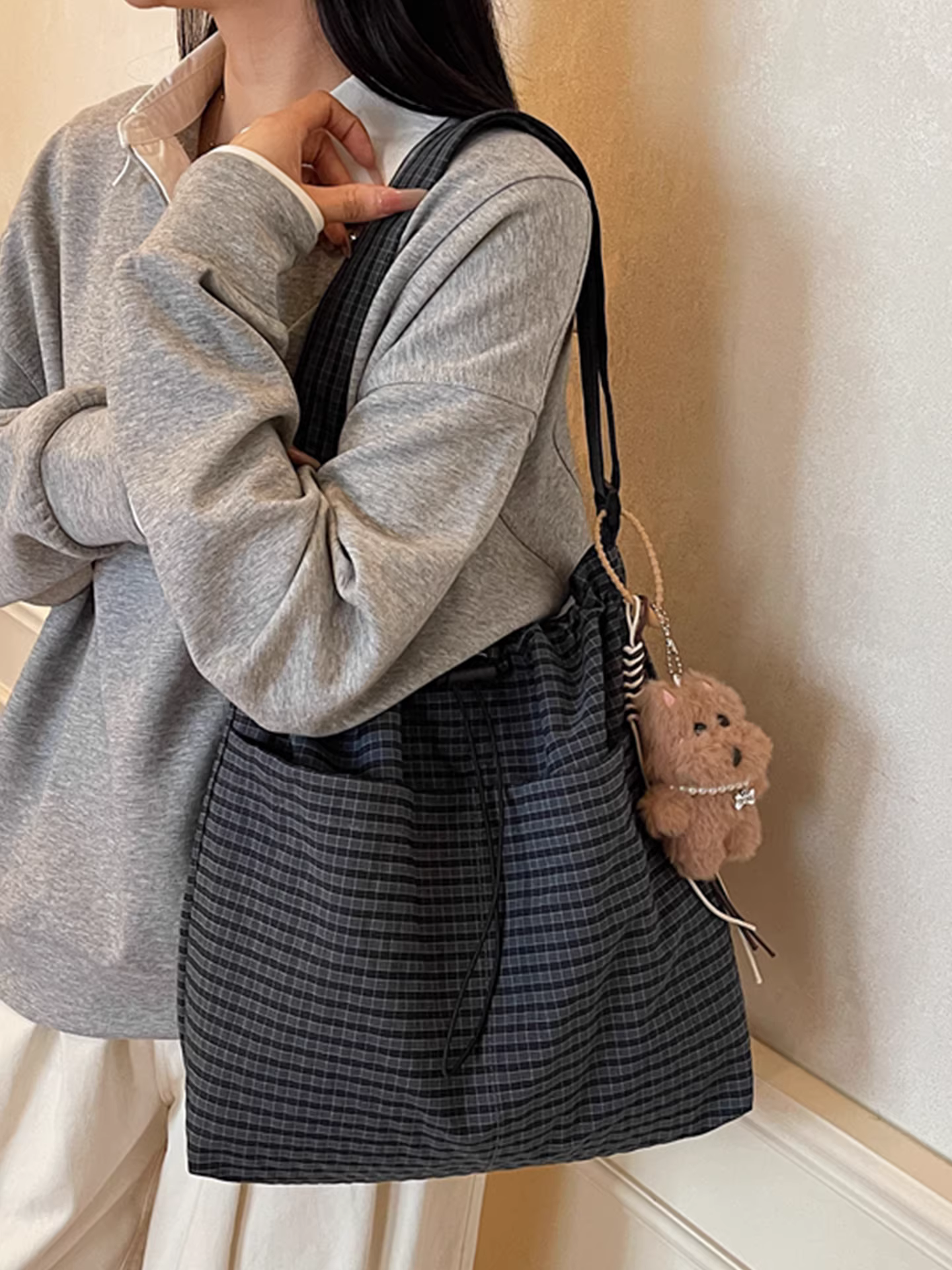Túi vải kẻ caro nữ, dung tích lớn, mẫu mới thu đông 2025, đa năng, đeo vai, đeo chéo, túi tote đi làm