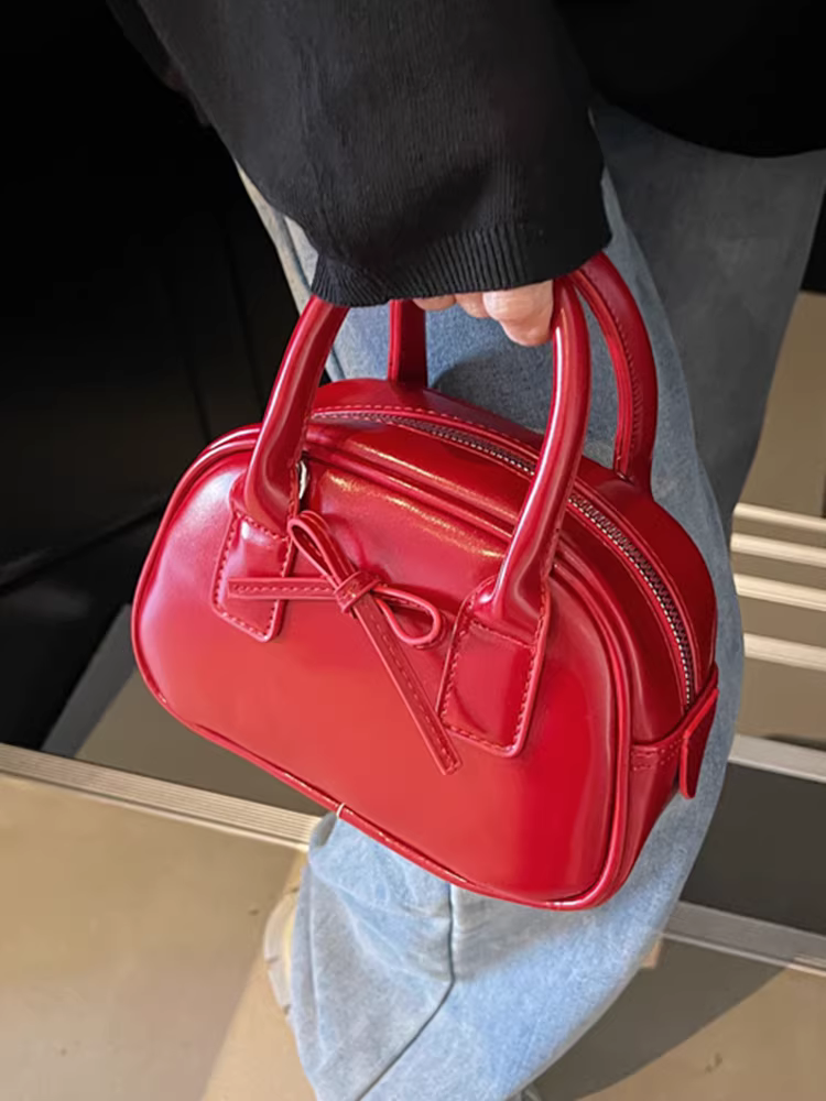 Túi đeo chéo nhỏ thời trang đa năng kiểu Hàn Quốc năm 2025, thiết kế độc đáo, nơ đỏ, kiểu bowling dành cho nữ