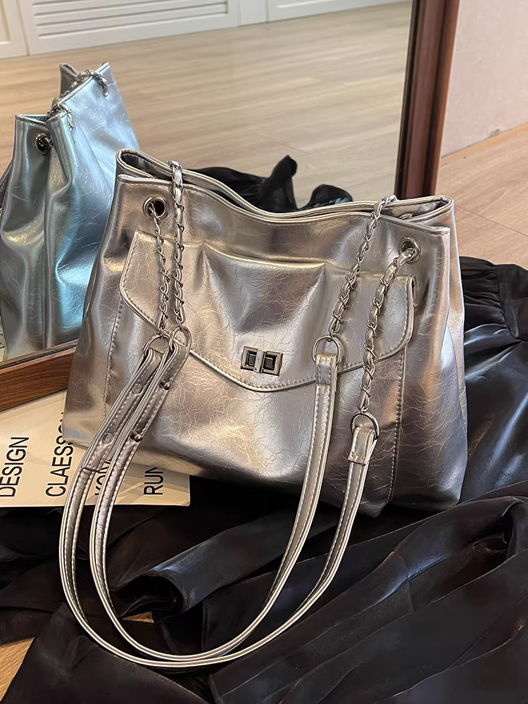 Túi tote nữ, sức chứa lớn, mùa thu đông, đeo chéo được, kiểu mới 2025, phong cách giản dị, đa năng, túi đeo vai có dây xích, túi đi làm