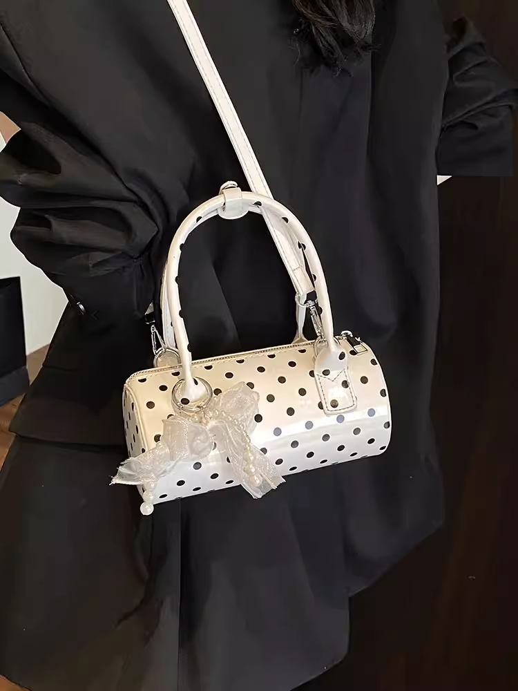 Túi xách thiết kế độc đáo dành cho nữ 2025, mẫu mới mùa hè, đeo vai/chéo, phong cách Hàn Quốc, kiểu chấm bi, túi hình trụ