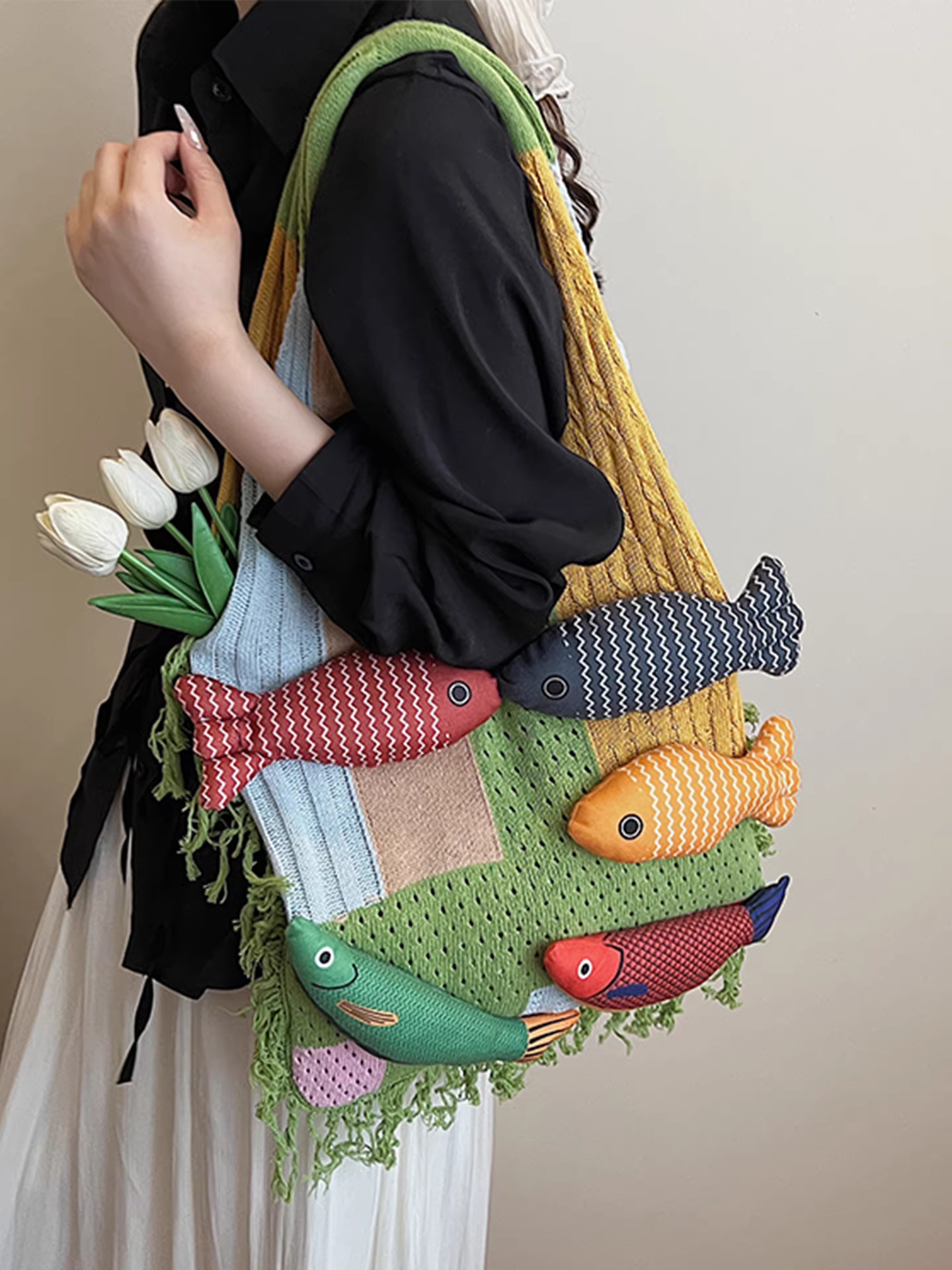 Túi dệt kim cỡ lớn dành cho nữ, mẫu mới hè 2025, túi đeo vai đa năng, túi tote đi làm họa tiết hoạt hình