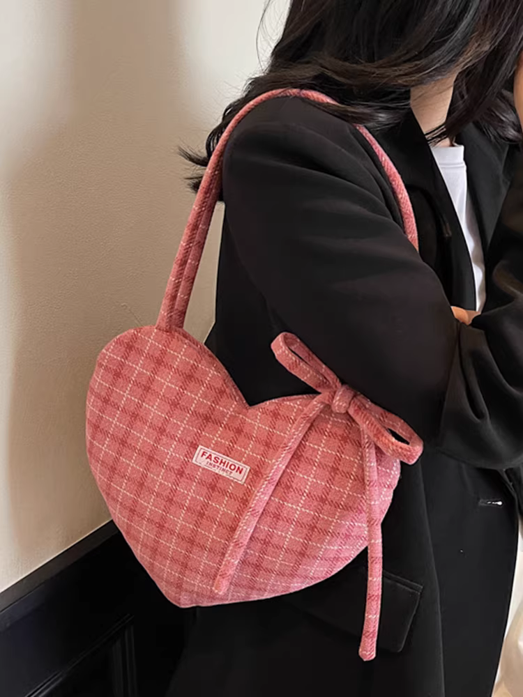 Túi tote vải bố kẻ caro dành cho nữ, dung tích lớn, mẫu mới hè 2025, đa năng, phong cách độc đáo, đeo vai/nách, đi làm, hình trái tim