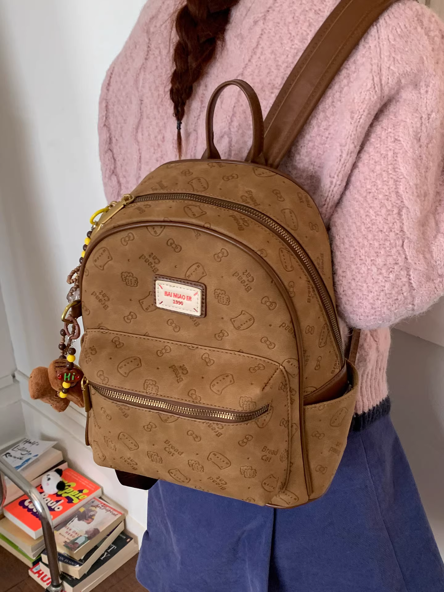 Ba lô phong cách retro mờ dành cho nữ, túi đi học thông thường sức chứa lớn, ba lô du lịch cao cấp phong cách Hàn Quốc