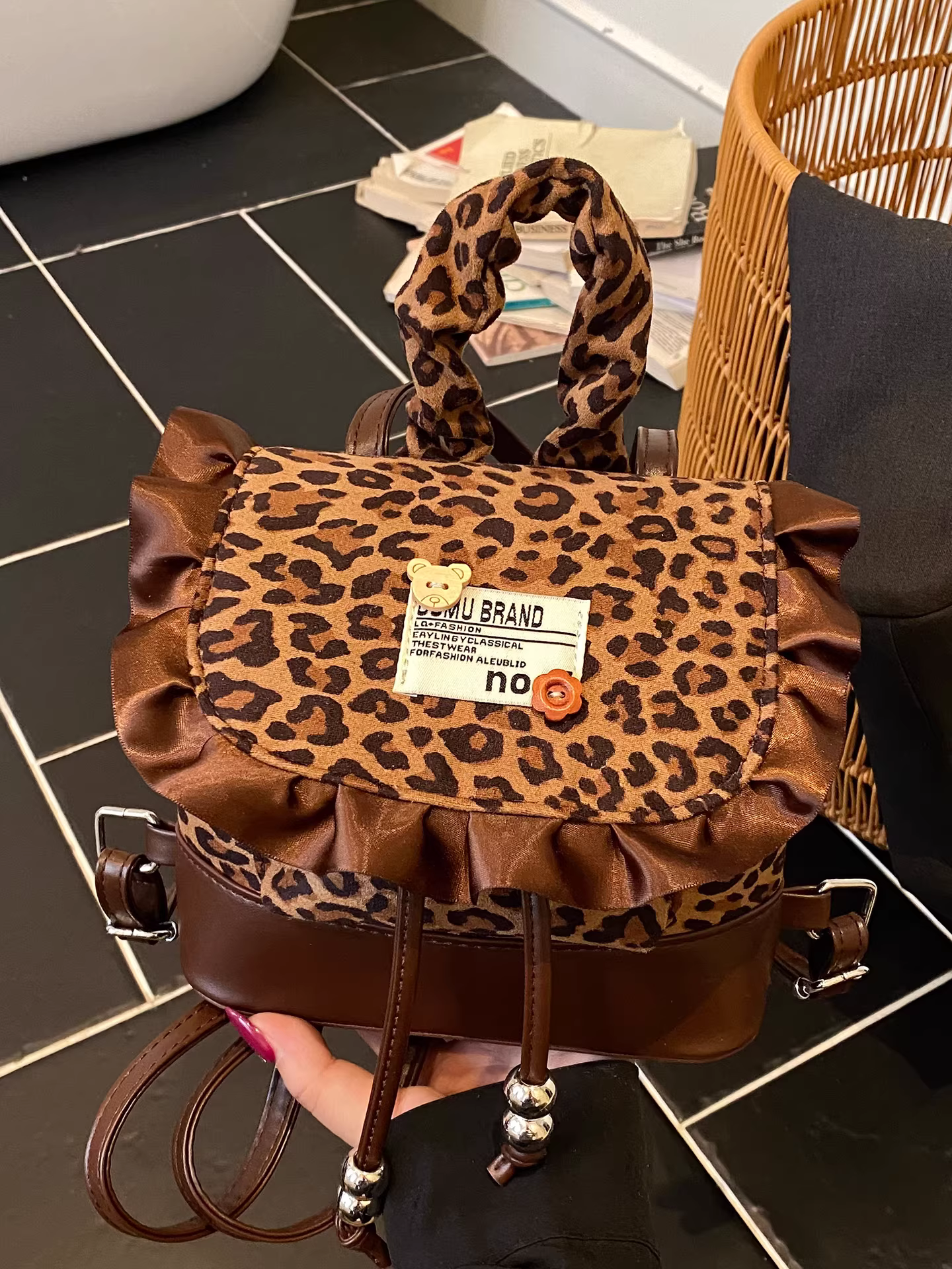 Ba lô cổ điển mờ họa tiết da báo dành cho nữ, thiết kế độc đáo thời trang, túi đi học dành cho học sinh, ba lô du lịch thời trang đường phố