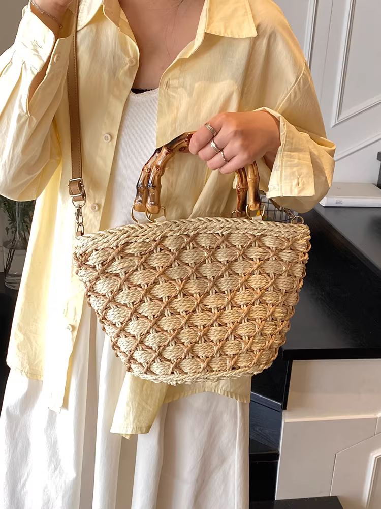 Túi cói đan tay dành cho nữ, dung tích lớn, kiểu dáng mùa hè mới 2025, túi tote đi biển.