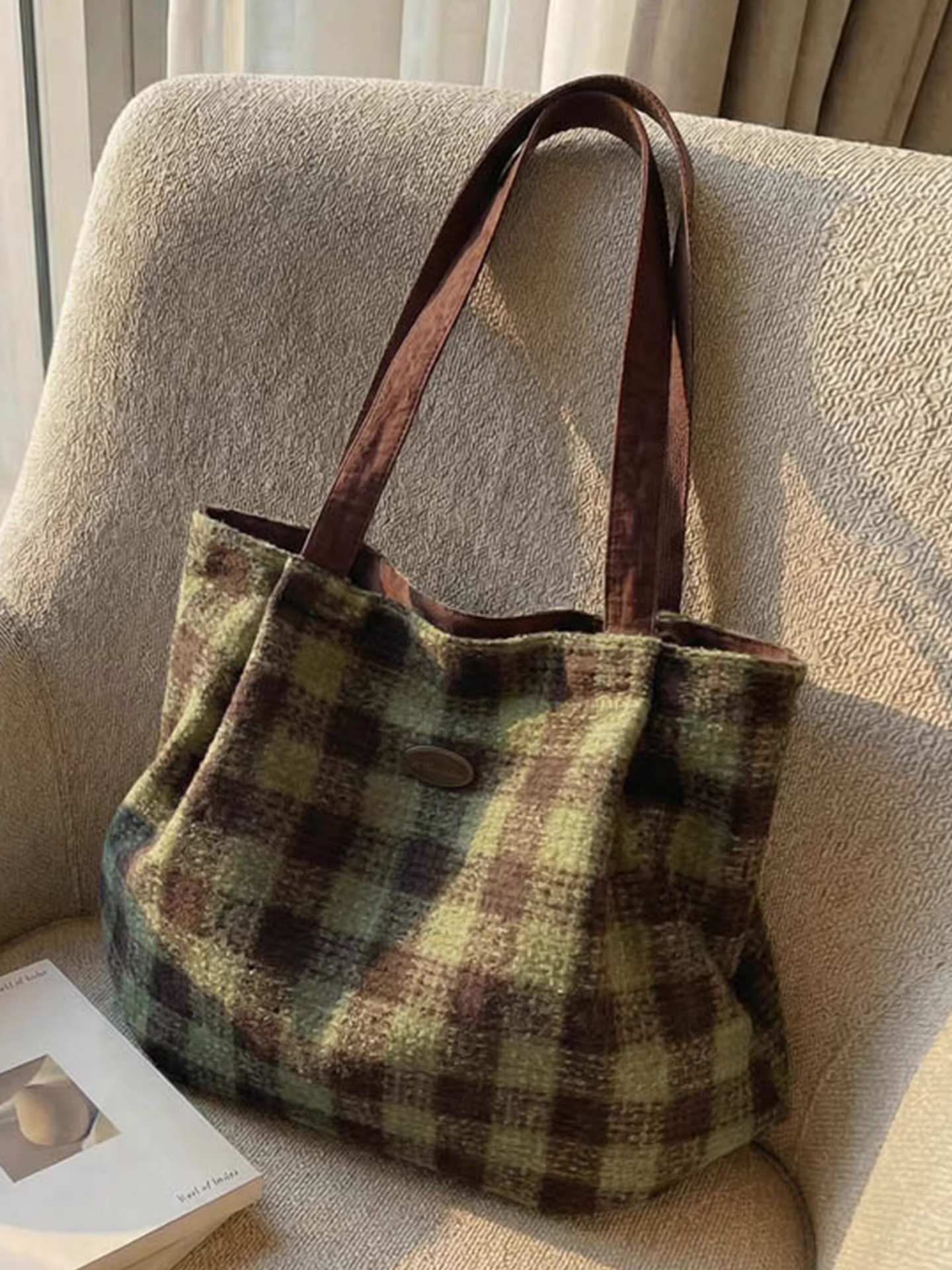 Túi len kẻ caro nữ, dung tích lớn, mẫu mới thu đông 2025, túi đeo vai/nách đa năng, túi tote đi học