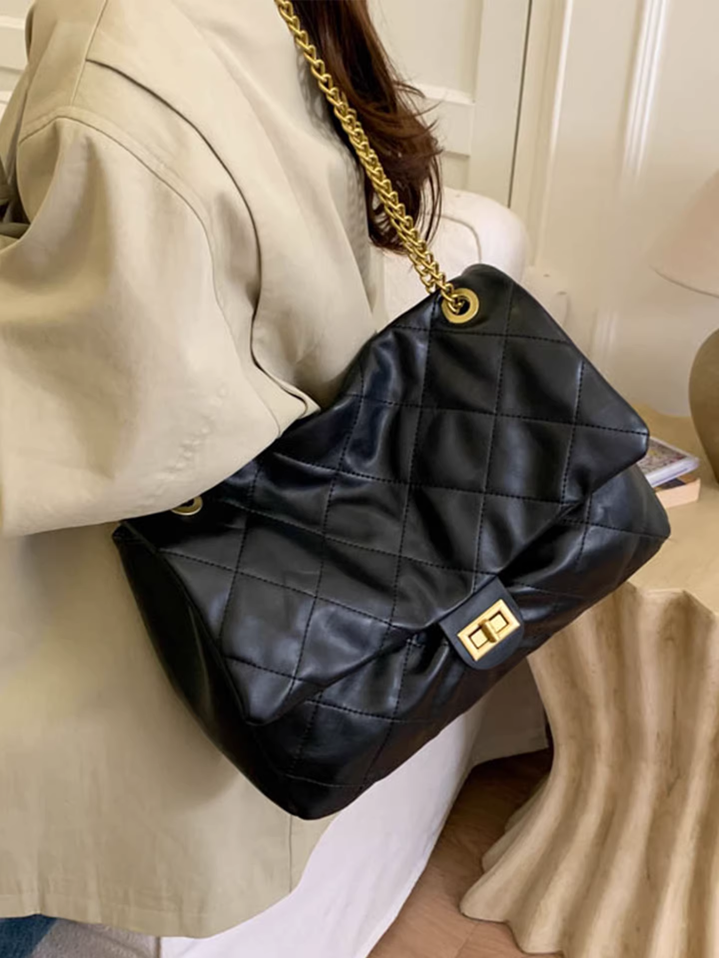 Túi đeo chéo nữ chất liệu da kim cương, dung tích lớn, mẫu mới thu đông 2025, đa năng, phong cách retro, túi đeo vai, túi tote đi làm