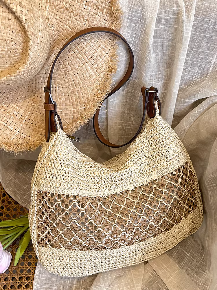 Túi cói đan tay cỡ lớn dành cho nữ, mẫu mới hè 2025, túi đeo vai đi làm, phong cách đi biển, túi đi nghỉ mát