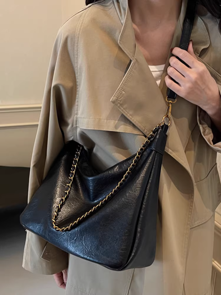 Túi xách nữ cỡ lớn dành cho mùa thu đông, túi đeo chéo một bên vai kiểu retro đa năng mới năm 2025 có dây xích, thích hợp đi làm và đi làm, túi hình bánh bao.