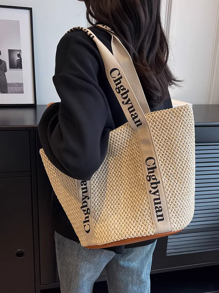 Túi cói đan tay dành cho nữ, dung tích lớn, mẫu mới hè 2025, túi đi biển, túi đi làm kiểu xô