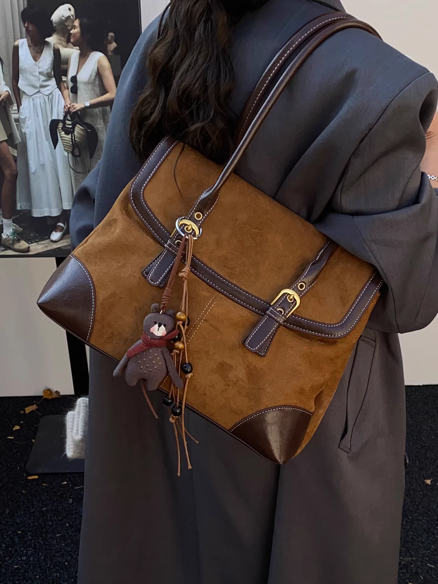 Túi da lộn cỡ lớn dành cho nữ, mẫu mới thu đông 2025, phong cách giản dị cổ điển, túi đeo vai, túi tote đi học