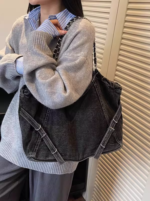 Túi denim nữ, dung tích lớn, mẫu mới thu đông 2025, đa năng, phong cách thường ngày, đeo chéo, túi tote học sinh