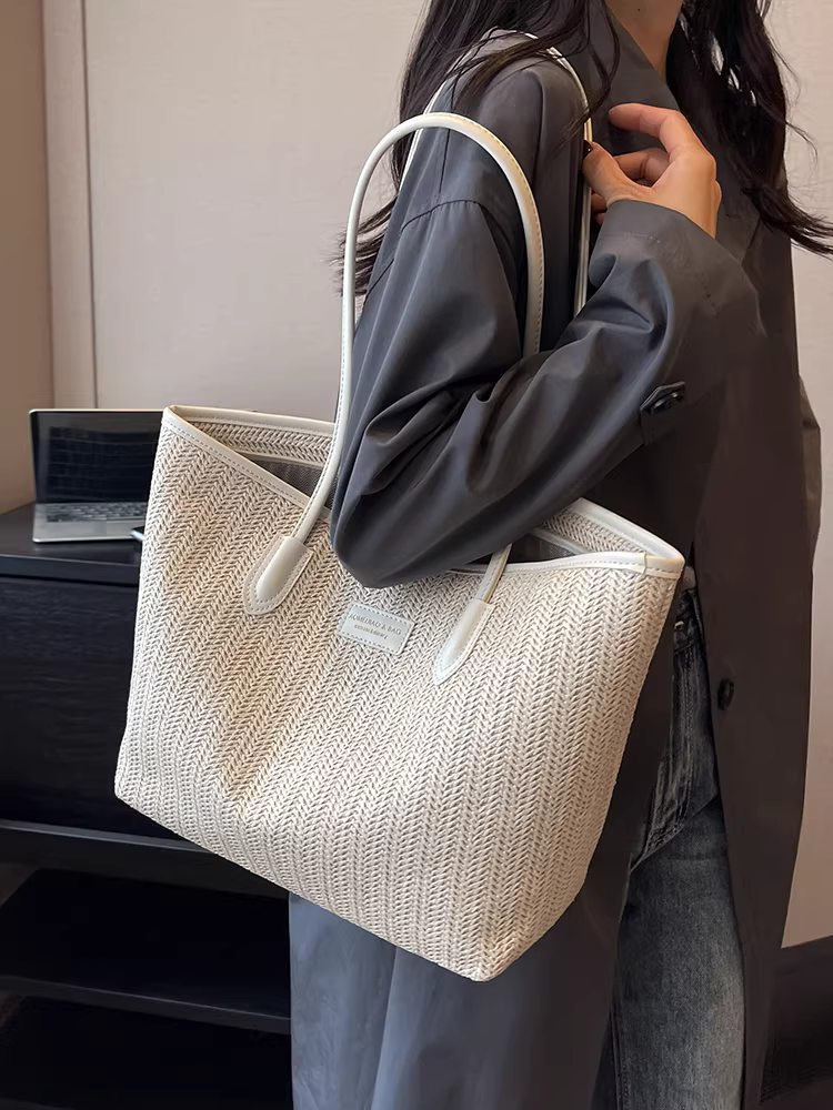 Túi xách nữ cỡ lớn kiểu mới 2025, làm thủ công bằng cói, thích hợp đi biển, đi nghỉ mát, đi làm mùa hè