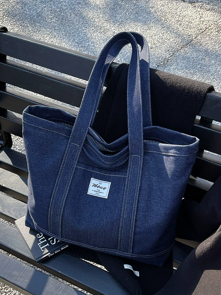 Túi denim nữ, dung tích lớn, mẫu mới thu đông 2025, túi đeo vai đa năng dành cho sinh viên, túi tote đi làm.