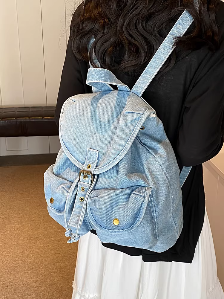 Ba lô denim nữ, dung tích lớn, mẫu mới 2025, túi đeo vai, ba lô đa năng đi học, đi phượt và du lịch