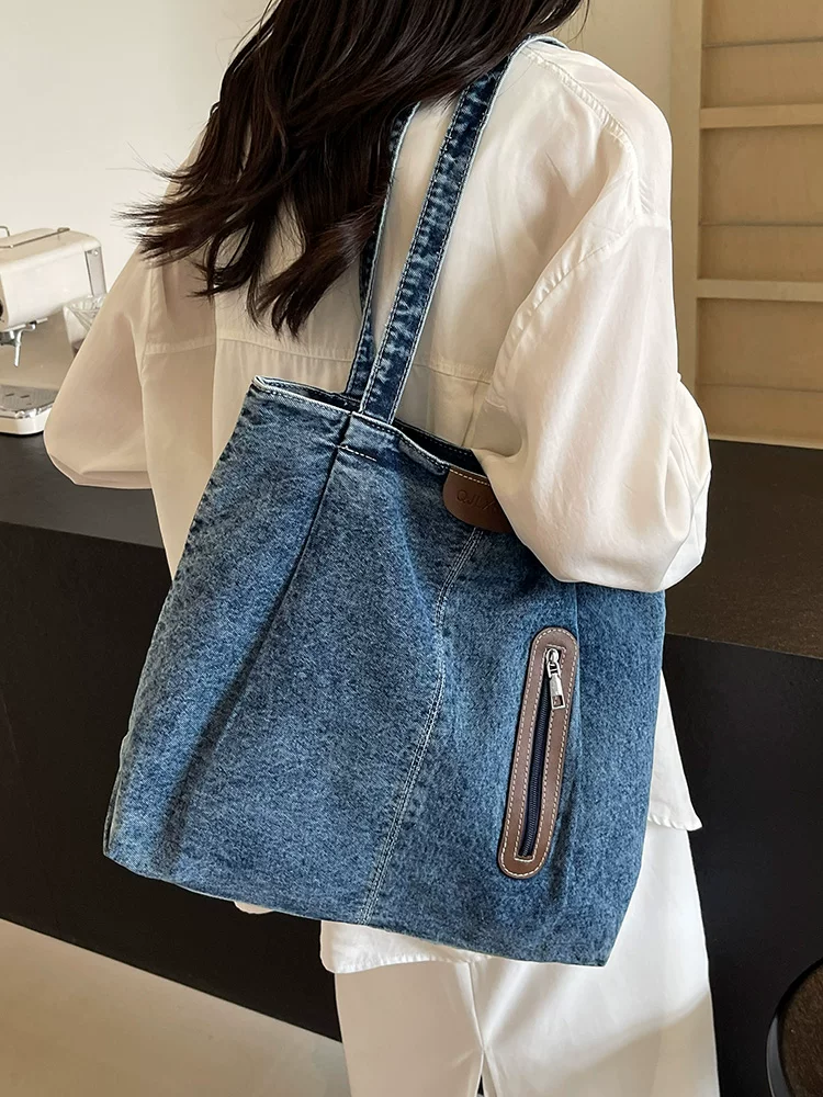 Túi tote nữ 2025 mẫu mới, dung tích lớn, túi đi làm mùa thu đông, đa năng, chất liệu denim, đeo vai, dành cho sinh viên đi học